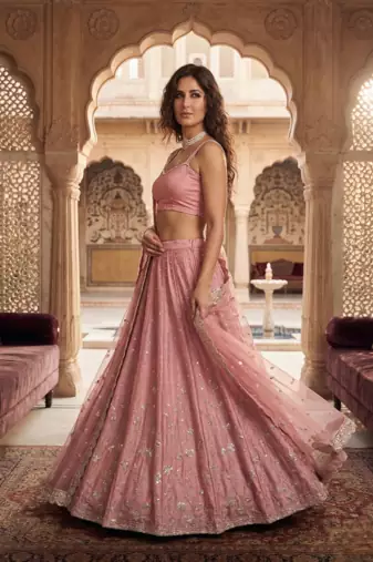 Light Pink Embroidered satin Lehenga