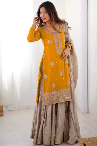 Yellow Color Coding,Sequence With Pearl Work Chinon Silk Top Bottom Dupatta Set