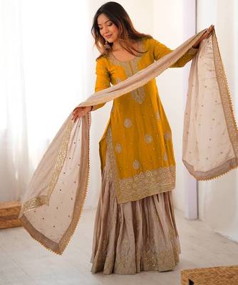 Yellow Color Coding,Sequence With Pearl Work Chinon Silk Top Bottom Dupatta Set 3