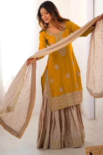 Yellow Color Coding,Sequence With Pearl Work Chinon Silk Top Bottom Dupatta Set