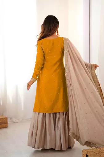 Yellow Color Coding,Sequence With Pearl Work Chinon Silk Top Bottom Dupatta Set