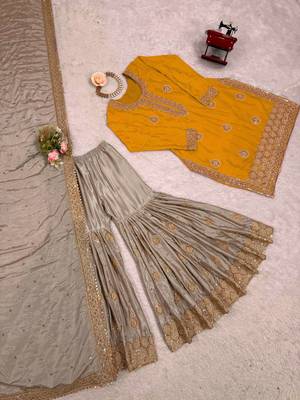Yellow Color Coding,Sequence With Pearl Work Chinon Silk Top Bottom Dupatta Set 5