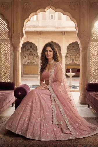 Light Pink Embroidered satin Lehenga