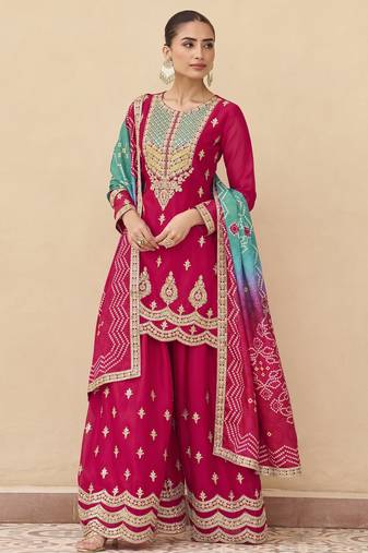 Pink embroidered chinnon silk semi-stitched shara suit with dupatta