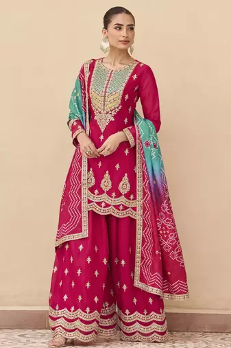Pink embroidered chinnon silk semi-stitched shara suit with dupatta