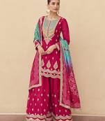 Pink embroidered chinnon silk semi-stitched shara suit with dupatta