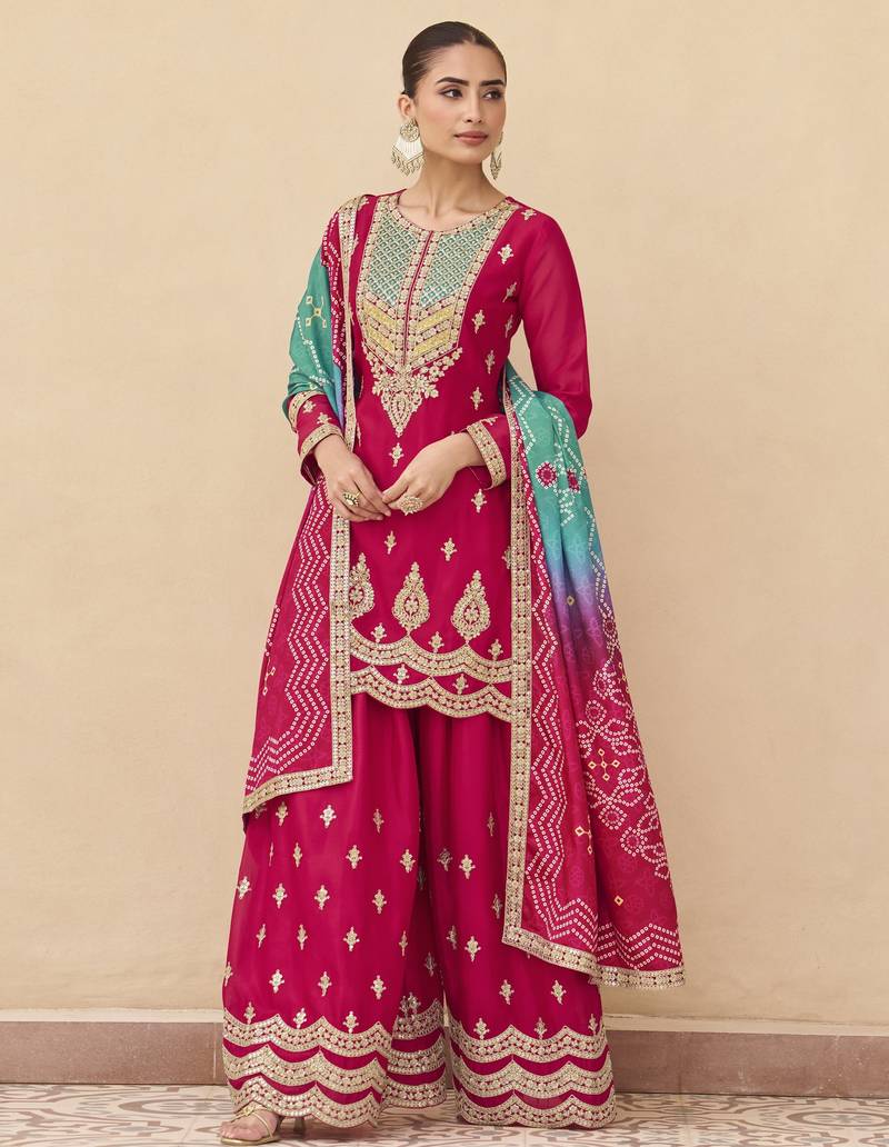 Pink embroidered chinnon silk semi-stitched shara suit with dupatta