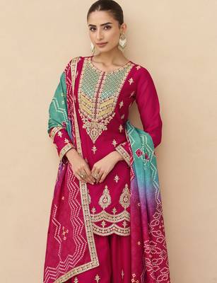 Pink embroidered chinnon silk semi-stitched shara suit with dupatta 2