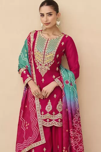 Pink embroidered chinnon silk semi-stitched shara suit with dupatta