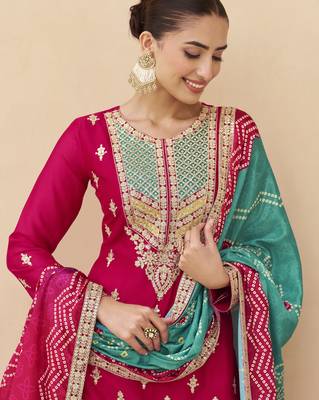 Pink embroidered chinnon silk semi-stitched shara suit with dupatta 3