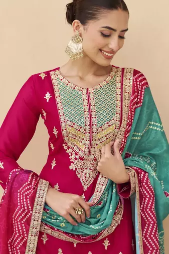 Pink embroidered chinnon silk semi-stitched shara suit with dupatta