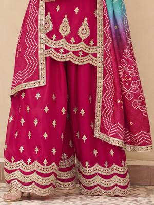Pink embroidered chinnon silk semi-stitched shara suit with dupatta 4