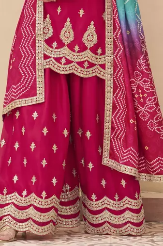 Pink embroidered chinnon silk semi-stitched shara suit with dupatta