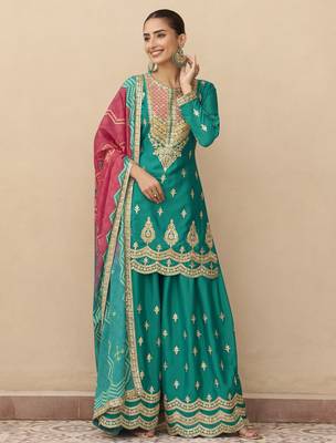 Teal green embroidered chinnon silk semi-stitched shara suit with dupatta 1
