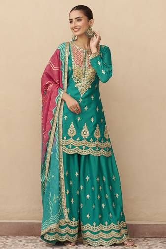 Teal green embroidered chinnon silk semi-stitched shara suit with dupatta