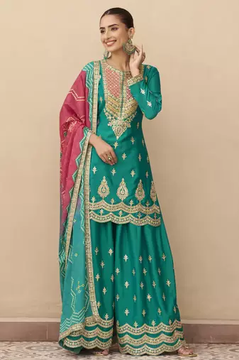 Teal green embroidered chinnon silk semi-stitched shara suit with dupatta