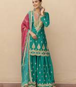 Teal green embroidered chinnon silk semi-stitched shara suit with dupatta