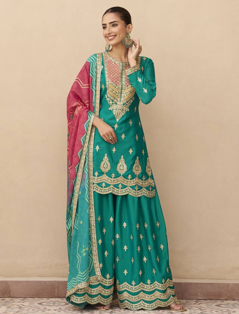 Teal green embroidered chinnon silk semi-stitched shara suit with dupatta
