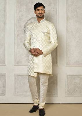 Ivory dupion arts silk anghrakha design with hand work on collar and buttons indo western 5
