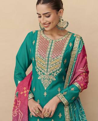 Teal green embroidered chinnon silk semi-stitched shara suit with dupatta 2