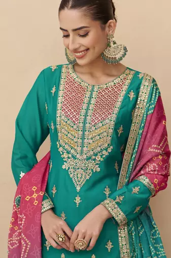 Teal green embroidered chinnon silk semi-stitched shara suit with dupatta