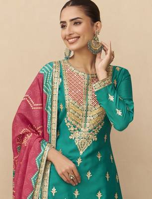 Teal green embroidered chinnon silk semi-stitched shara suit with dupatta 3