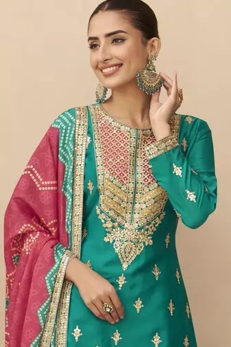 Teal green embroidered chinnon silk semi-stitched shara suit with dupatta