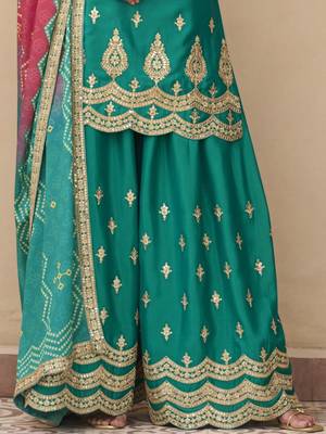 Teal green embroidered chinnon silk semi-stitched shara suit with dupatta 4