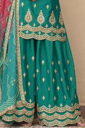Teal green embroidered chinnon silk semi-stitched shara suit with dupatta