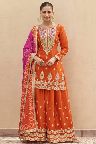 Orange embroidered chinnon silk semi-stitched shara suit with dupatta