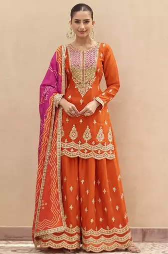 Orange embroidered chinnon silk semi-stitched shara suit with dupatta
