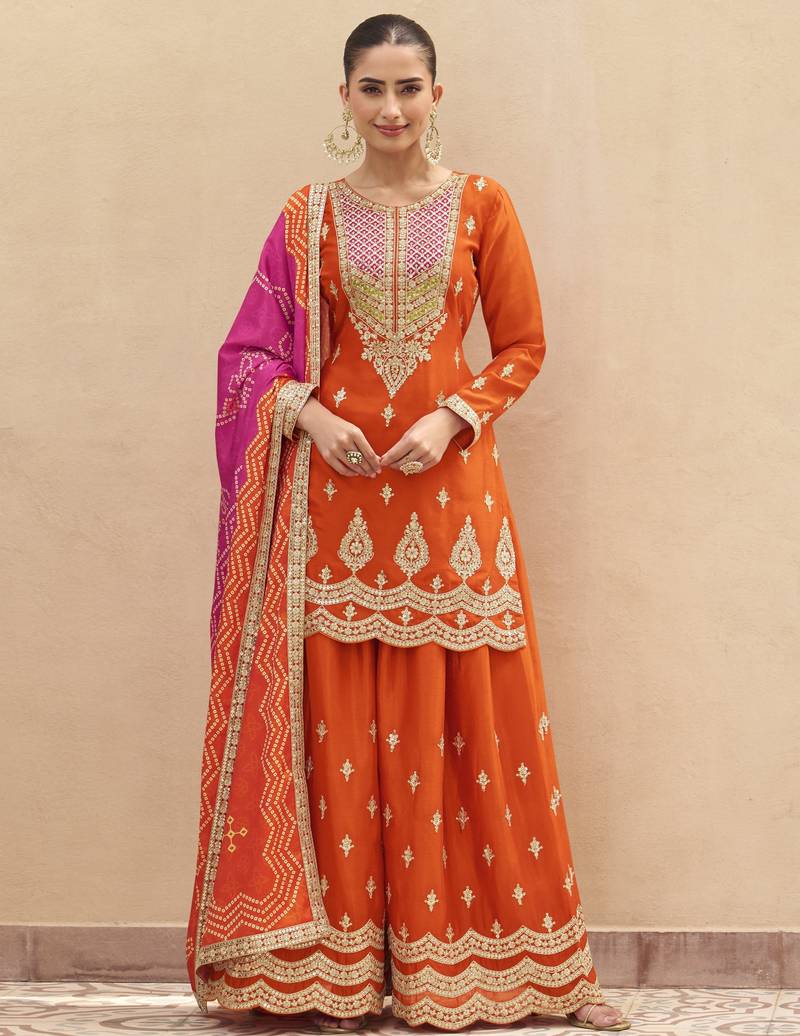 Orange embroidered chinnon silk semi-stitched shara suit with dupatta