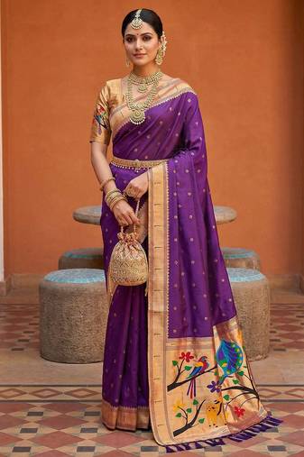 Purple faux banarasi silk saree with paithani rich weaved pallu and blouse