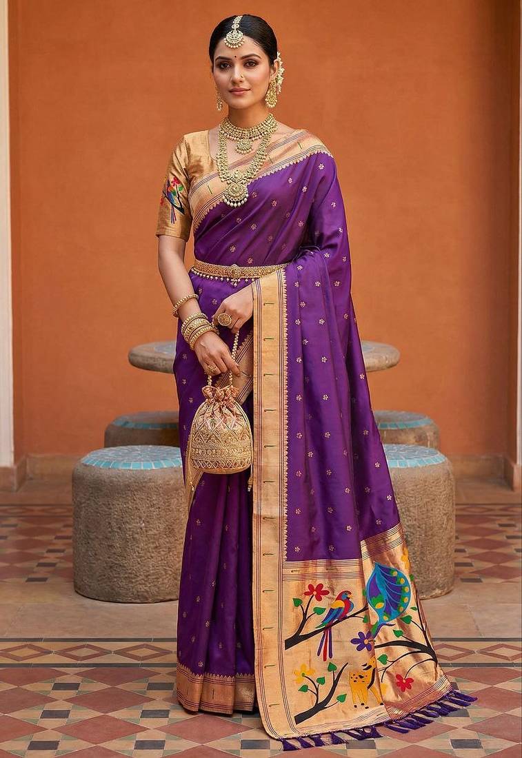 Purple faux banarasi silk saree with paithani rich weaved pallu and blouse