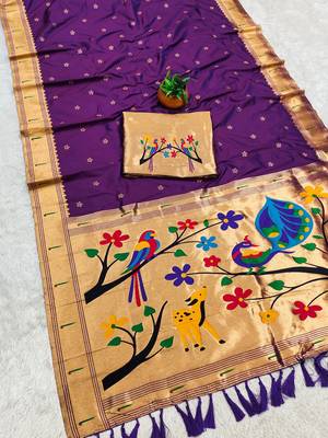 Purple faux banarasi silk saree with paithani rich weaved pallu and blouse 2