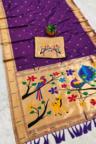 Purple faux banarasi silk saree with paithani rich weaved pallu and blouse