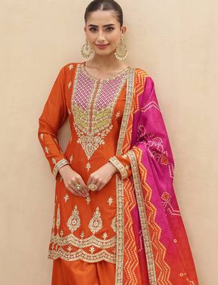 Orange embroidered chinnon silk semi-stitched shara suit with dupatta 2