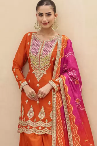 Orange embroidered chinnon silk semi-stitched shara suit with dupatta