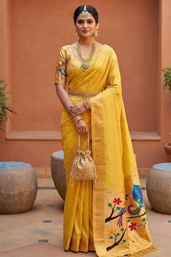 Yellow faux banarasi silk saree with paithani rich weaved pallu and blouse