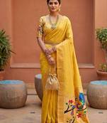 Yellow faux banarasi silk saree with paithani rich weaved pallu and blouse