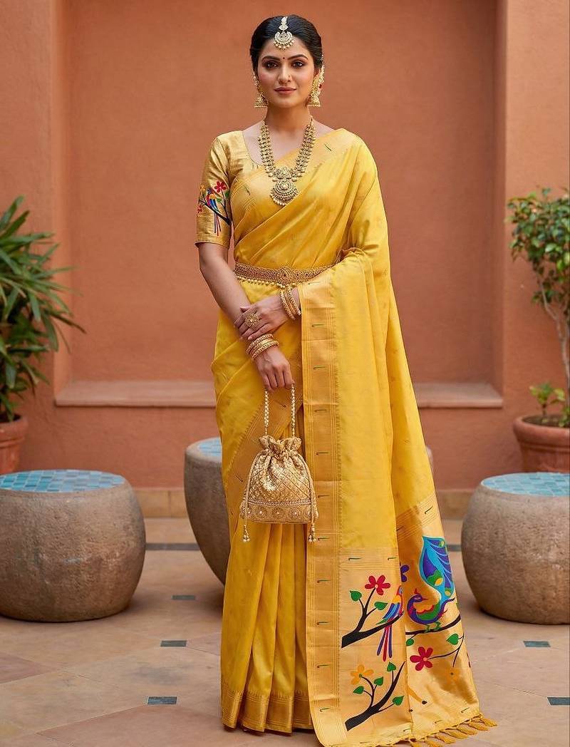 Yellow faux banarasi silk saree with paithani rich weaved pallu and blouse