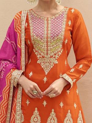 Orange embroidered chinnon silk semi-stitched shara suit with dupatta 3