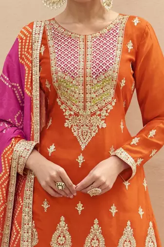 Orange embroidered chinnon silk semi-stitched shara suit with dupatta