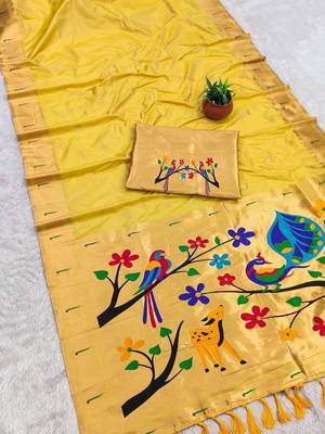 Yellow faux banarasi silk saree with paithani rich weaved pallu and blouse 2