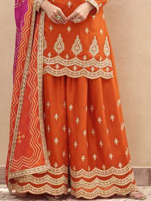 Orange embroidered chinnon silk semi-stitched shara suit with dupatta 4