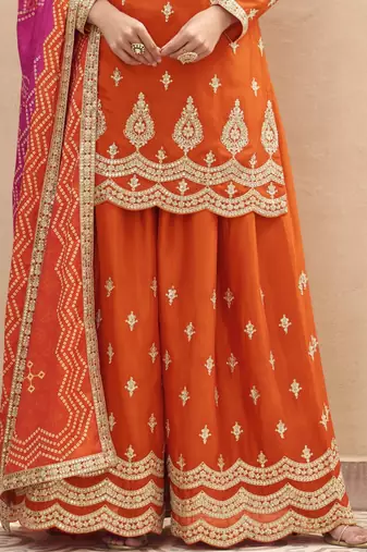 Orange embroidered chinnon silk semi-stitched shara suit with dupatta