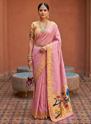 Baby pink faux banarasi silk saree with paithani rich weaved pallu and blouse 1