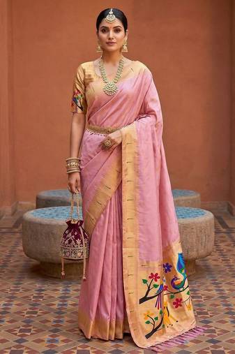 Baby pink faux banarasi silk saree with paithani rich weaved pallu and blouse