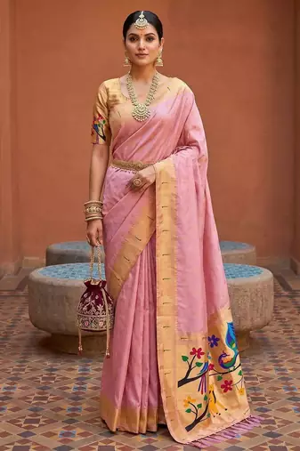 Baby pink faux banarasi silk saree with paithani rich weaved pallu and blouse