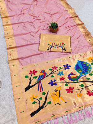 Baby pink faux banarasi silk saree with paithani rich weaved pallu and blouse 2